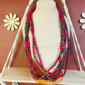 Vintage Heishe Beaded‎ Boho Chic Necklace Pink Layered Eclectic Statement Style